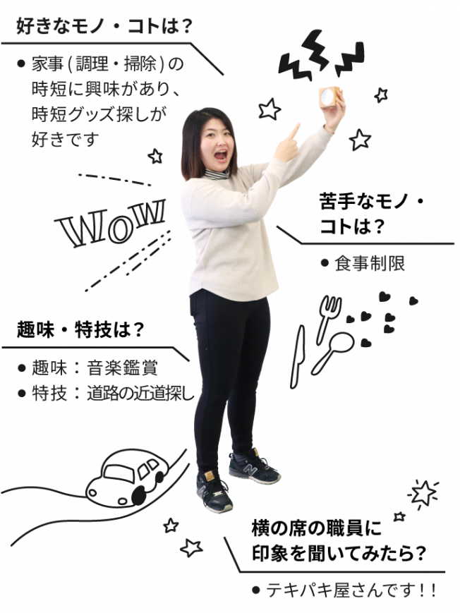 好きなコト・モノは家事(調理・掃除)の時短に興味があり、時短グッズ探しが好きです。苦手なコト・モノは食事制限。趣味は音楽鑑賞。特技は道路の近道探し。横の席の職員に自分の印象を聞いてください。テキパキ屋さんです！！