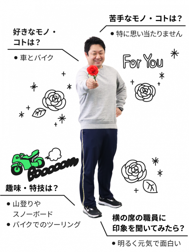 好きなコト・モノは車とバイク。苦手なコト・モノは特に思い当たりません。趣味・特技は山登りやスノーボード。バイクでのツーリング。横の席の職員に自分の印象を聞いてください。明るく元気で面白い。