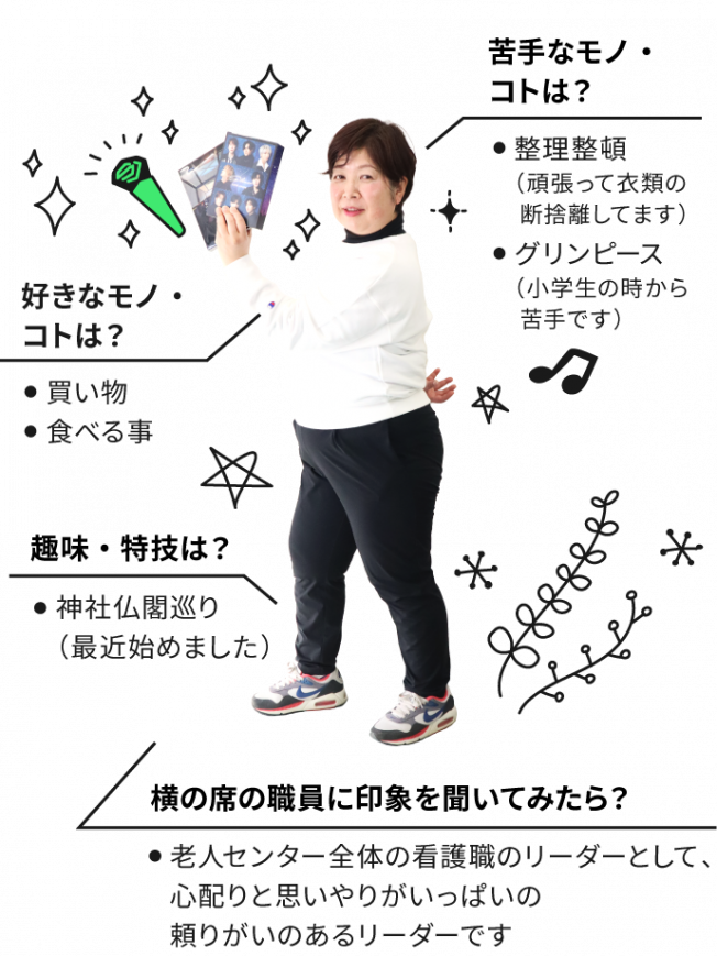 好きなコト・モノは買い物・食べる事。苦手なコト・モノは整理整頓（頑張って衣類の断捨離してます）・グリンピース（小学生の時から苦手です）。趣味・特技は神社仏閣巡り（最近始めました）。横の席の職員に自分の印象を聞いてください。老人センター全体の看護職のリーダーとして、心配りと思いやりがいっぱいの頼りがいのあるリーダーです。